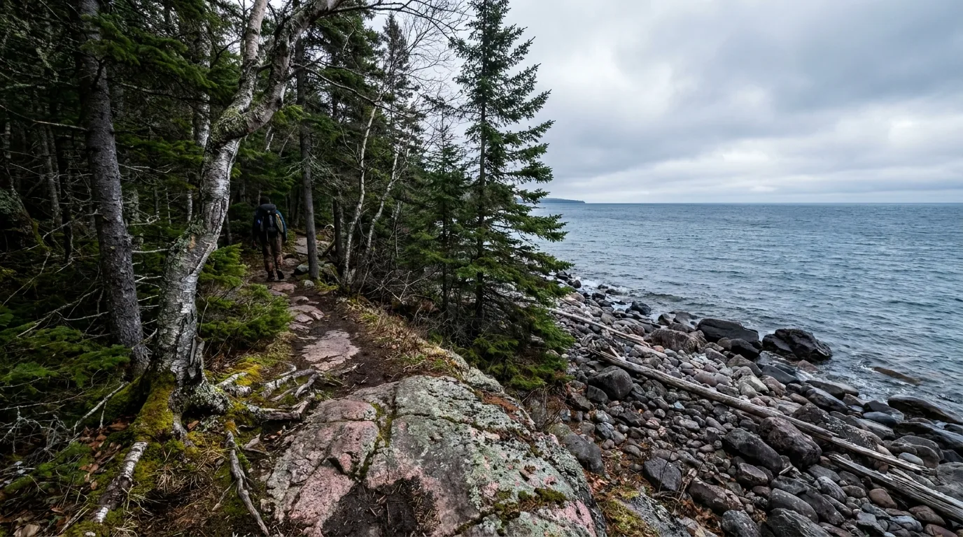 A rugged wilderness footpath winding over pink granite bedrock and through dense boreal spruce forest along a wild remote cobble shoreline of Lake Superior at Pukaskwa, cold blue-grey water with no far shore visible, ultrarealistic photograph representative of the region