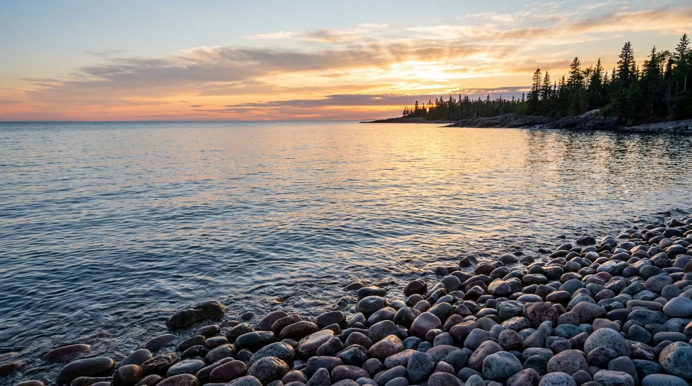 Sunset over Lake Superior from a smooth wave-rounded cobble beach, warm gold and pink light on cold calm blue-grey great lake water with rounded granite cobbles in the foreground and dark boreal spruce silhouettes, wild remote coast, ultrarealistic photograph representative of the region