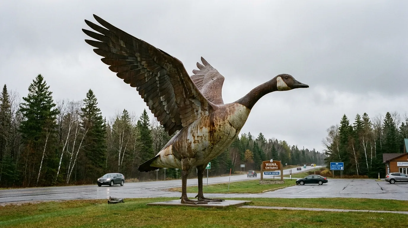 A large roadside steel Canada goose monument statue with wings raised standing on a grassy roadside plaza beside the Trans-Canada Highway in a small northern Ontario town, boreal forest and grey sky behind, weathered metal sculpture, ultrarealistic photograph representative of the region