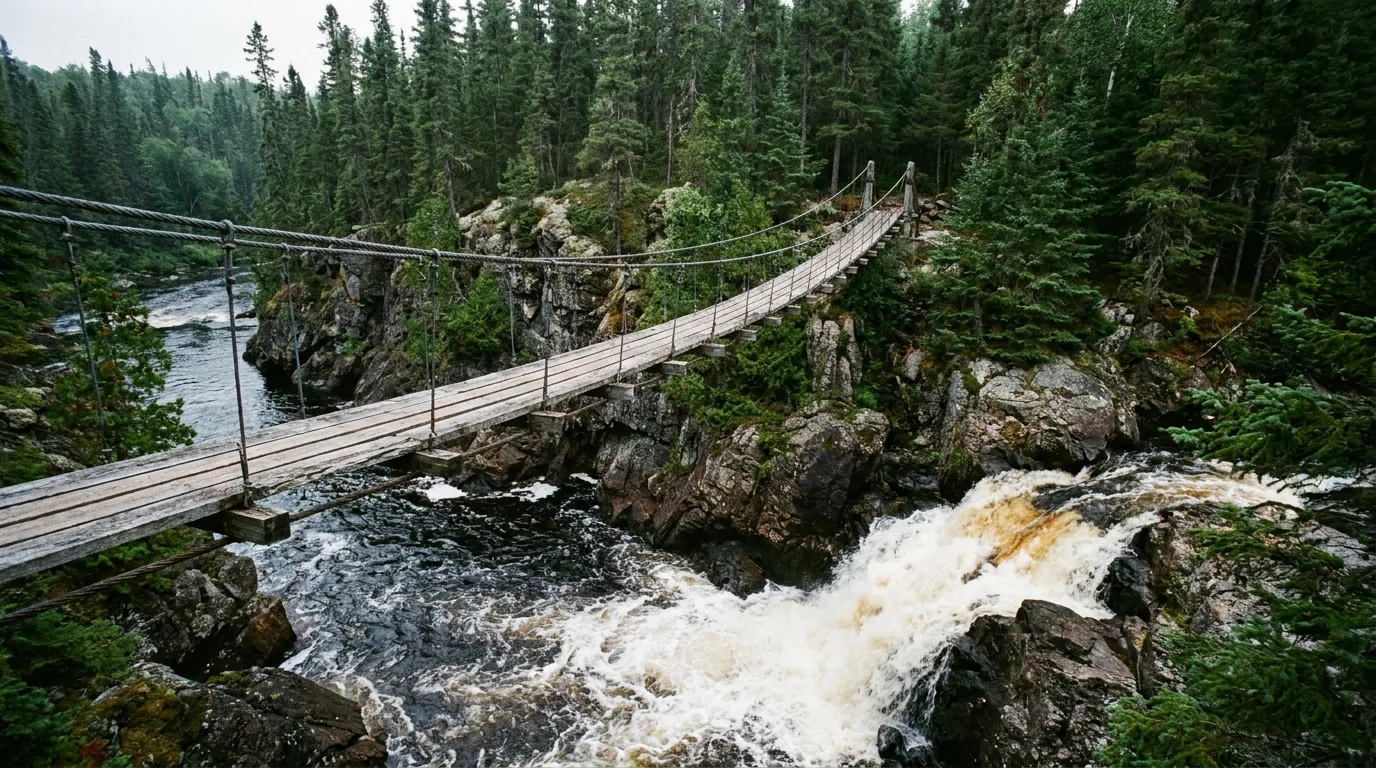 A long wooden pedestrian suspension bridge hanging high above a rocky river gorge and waterfall in the boreal Canadian Shield wilderness of Pukaskwa, dark tannin-stained white water rushing below through dense spruce forest, ultrarealistic photograph representative of the region