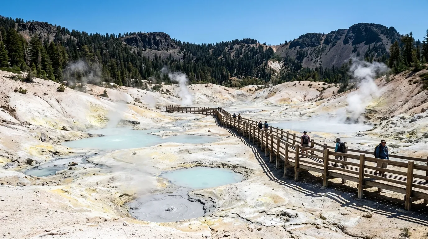 A large steaming hydrothermal basin of bleached white and pale yellow sulphur-stained ground with milky turquoise boiling pools and grey mudpots venting steam, a raised wooden boardwalk with railings threading through it below dark forested volcanic ridges, Bumpass Hell in Lassen Volcanic National Park California, ultrarealistic photograph representative of the region