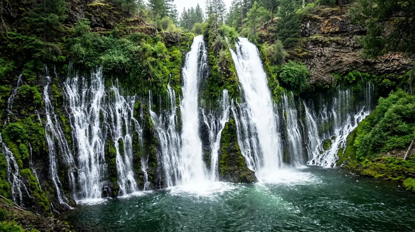 A wide curtain waterfall plunging over a dark mossy volcanic rock face into a deep emerald pool with dozens of extra spring-fed jets bursting out of the porous cliff face through bright green moss, McArthur-Burney Falls Memorial State Park northern California, ultrarealistic photograph representative of the region