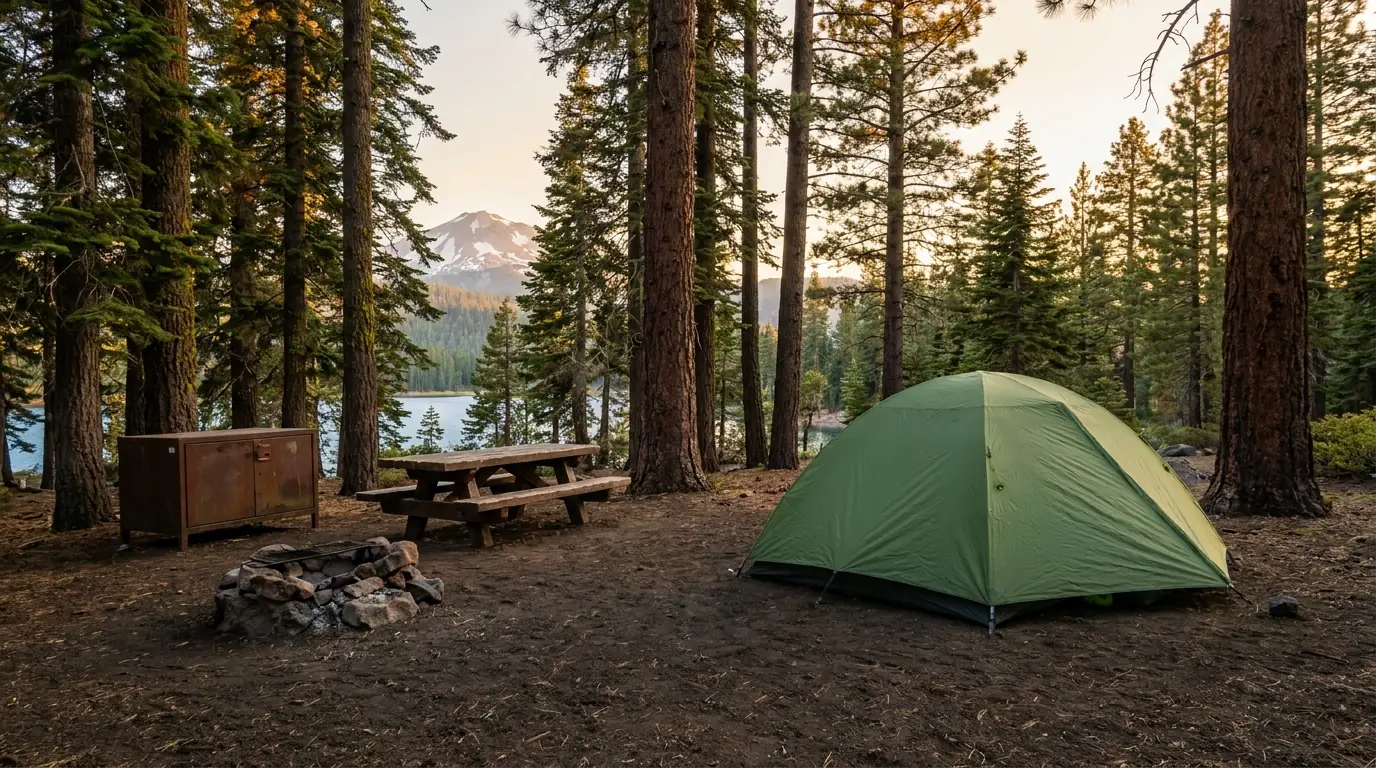 A quiet forest campsite in an open stand of tall fir and ponderosa pine with a dome tent on bare volcanic pumice soil, a picnic table, a steel bear-proof food locker and a fire ring, a strip of blue lake and a distant snow-streaked volcanic peak through the trunks, a campground in Lassen Volcanic National Park California, ultrarealistic photograph representative of the region