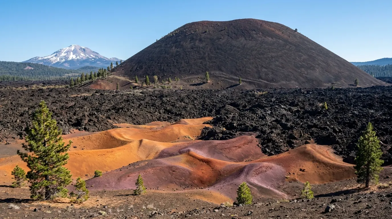 A symmetrical dark basaltic cinder cone rising from a field of jagged black lava blocks with brilliantly coloured oxidised volcanic dunes of orange rust red and purple pumice at its foot and a snow-streaked peak on the horizon, Cinder Cone and the Painted Dunes near Butte Lake in Lassen Volcanic National Park California, ultrarealistic photograph representative of the region