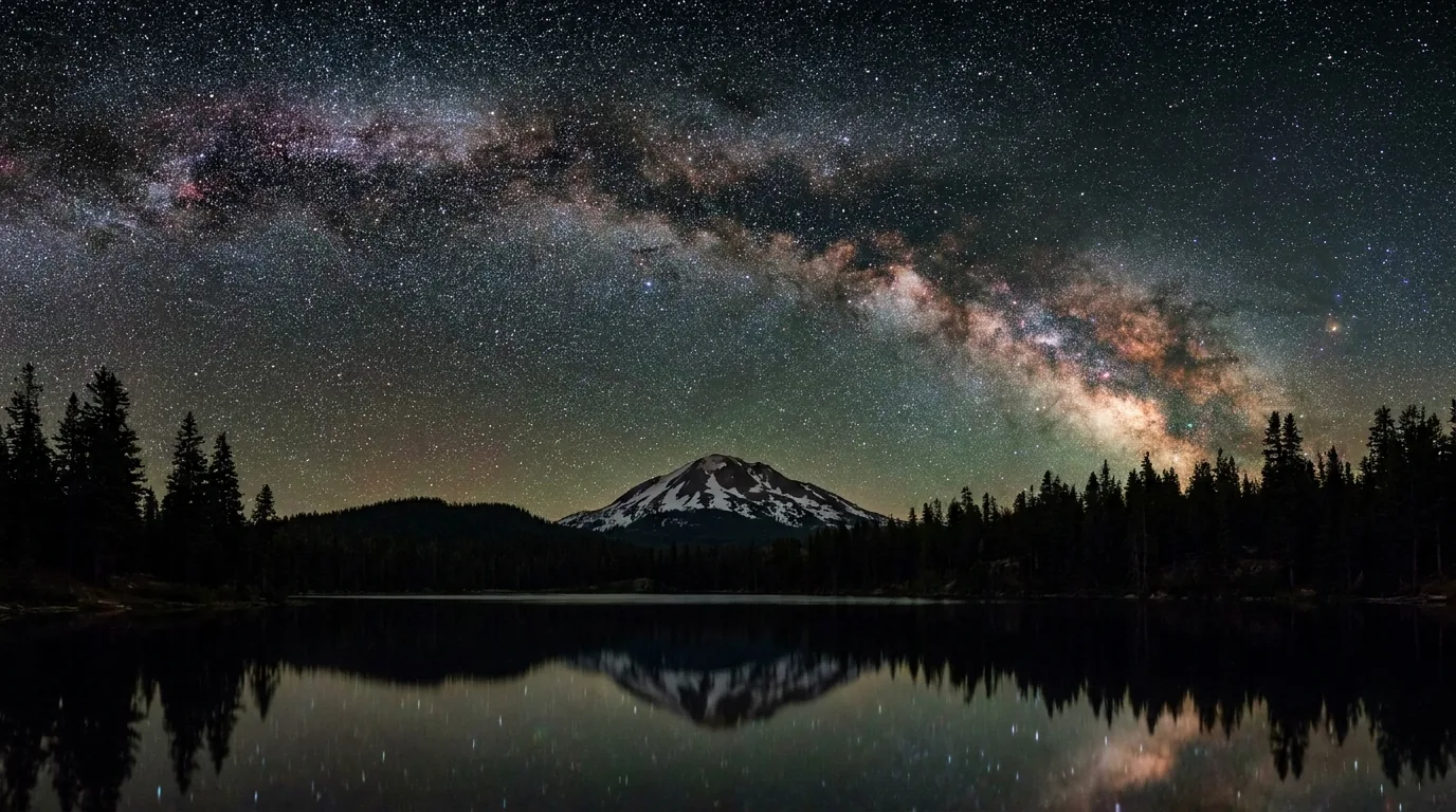 The dense Milky Way core arching over a broad snow-streaked volcanic peak in a black moonless sky full of stars with no light domes on the horizon, reflected in a still alpine lake below, Lassen Volcanic National Park California dark sky, ultrarealistic long-exposure night photograph representative of the region