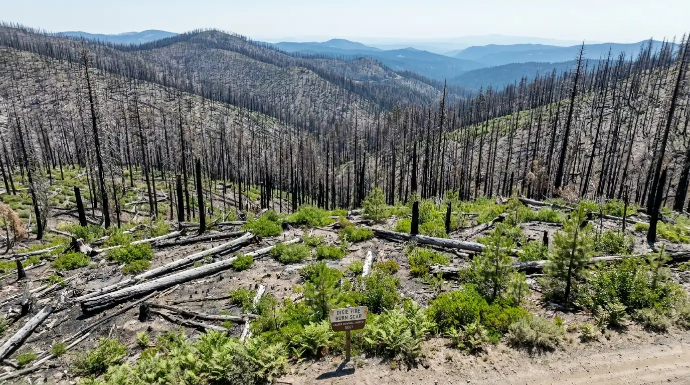 A vast high-severity wildfire burn scar across rolling mountain country with thousands of blackened standing dead conifer trunks and silver fallen logs above vivid green regrowth and young seedlings, the Dixie Fire scar in the Lassen National Forest northern California, ultrarealistic photograph representative of the region