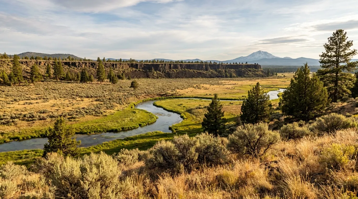 A wide open high-desert volcanic valley of golden dry grass and sagebrush with a clear spring-fed creek winding through green meadow below a long dark basalt rim escarpment, scattered ponderosa pines and a snow-streaked volcanic peak on the horizon, the Hat Creek valley and Hat Creek Rim northern California, ultrarealistic photograph representative of the region
