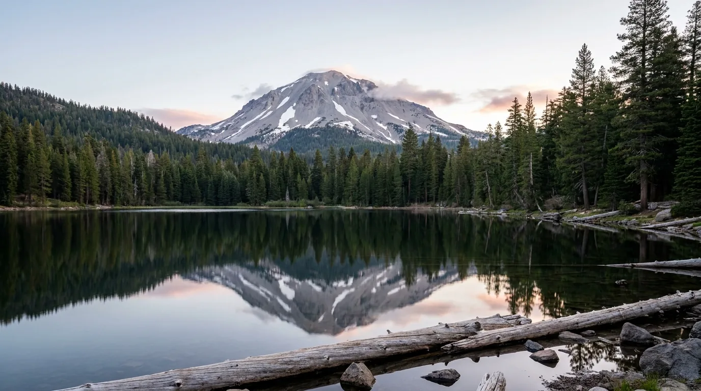 A broad pale grey shattered lava dome streaked with snow mirrored in the still dark water of a forest-ringed lake at first light, Lassen Peak and Manzanita Lake in Lassen Volcanic National Park California, ultrarealistic photograph representative of the region