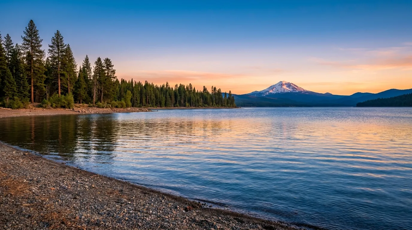 A very large calm blue mountain reservoir at evening with a low forested shoreline of ponderosa pine, a gravel beach and a broad snow-streaked volcanic peak visible far across the water on the horizon, Lake Almanor northern California, ultrarealistic photograph representative of the region