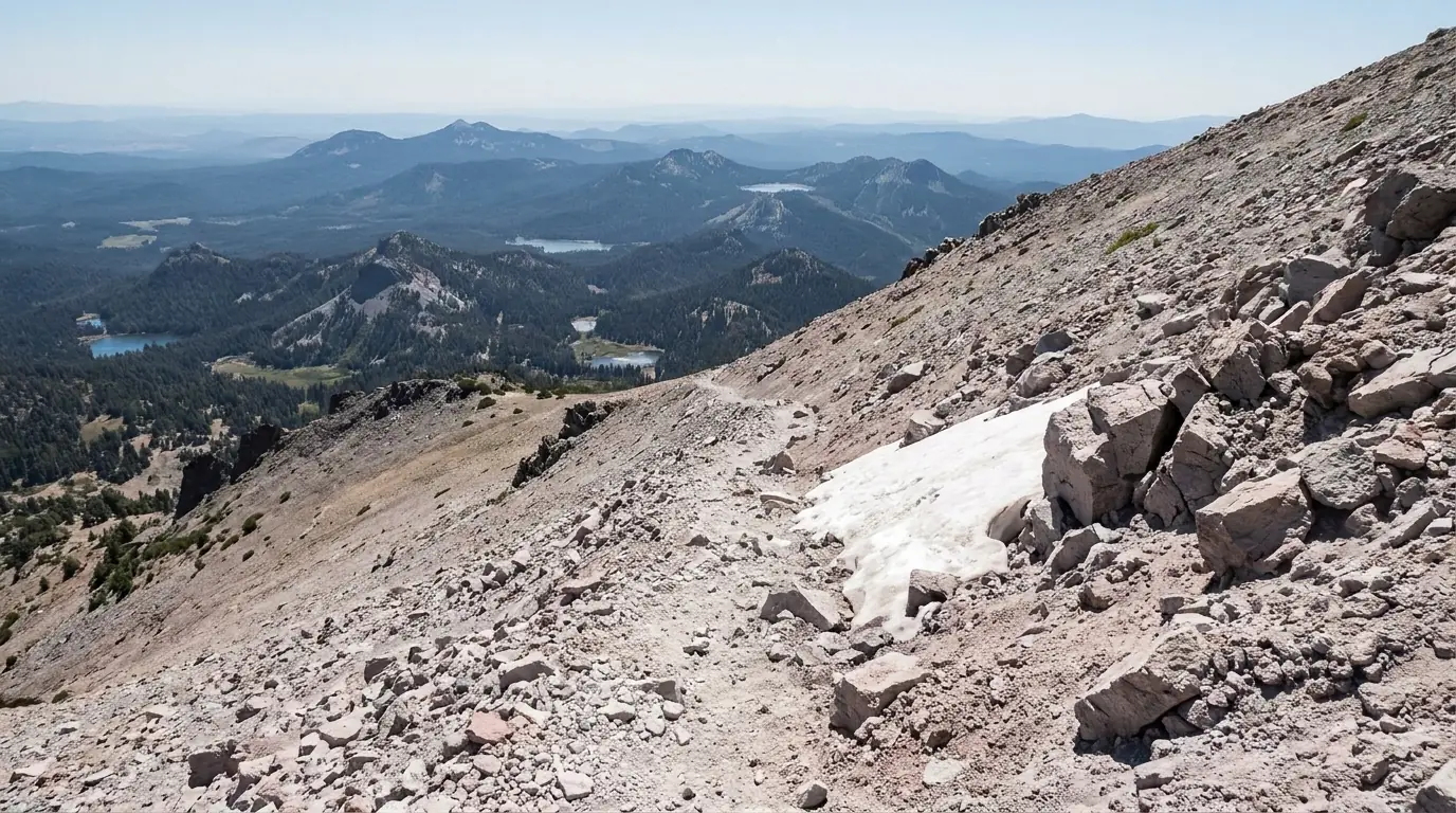 A steep bare rocky switchbacking trail of loose pale volcanic scree climbing the flank of a treeless lava dome summit with lingering snow patches and a vast hazy view over forested country far below, the Lassen Peak summit trail California, ultrarealistic photograph representative of the region