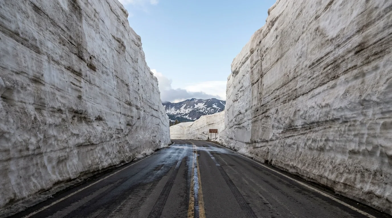 A narrow two-lane mountain highway freshly plowed through enormous compacted snow walls far taller than a vehicle with vertical cut faces of layered snowpack on both sides and wet dark asphalt, late-season snow clearing on the Lassen Park Highway California, ultrarealistic photograph representative of the region