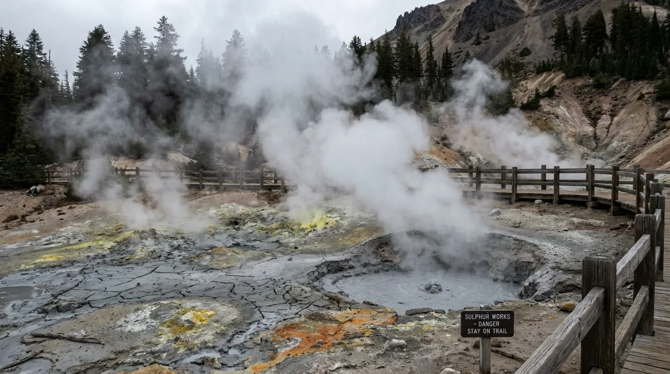 A roadside volcanic fumarole area of grey clay mud with thick white steam venting from cracked bare ground stained sulphur yellow and rust orange, a small boiling mudpot and a short wooden fence, Sulphur Works in Lassen Volcanic National Park California, ultrarealistic photograph representative of the region