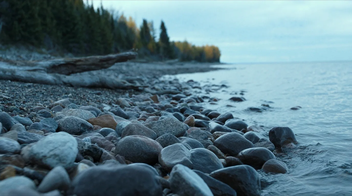 A Lake Superior beach of smooth rounded basalt cobbles at the waterline with small waves washing over them and dark conifers behind, Minnesota North Shore, ultrarealistic photograph representative of the region