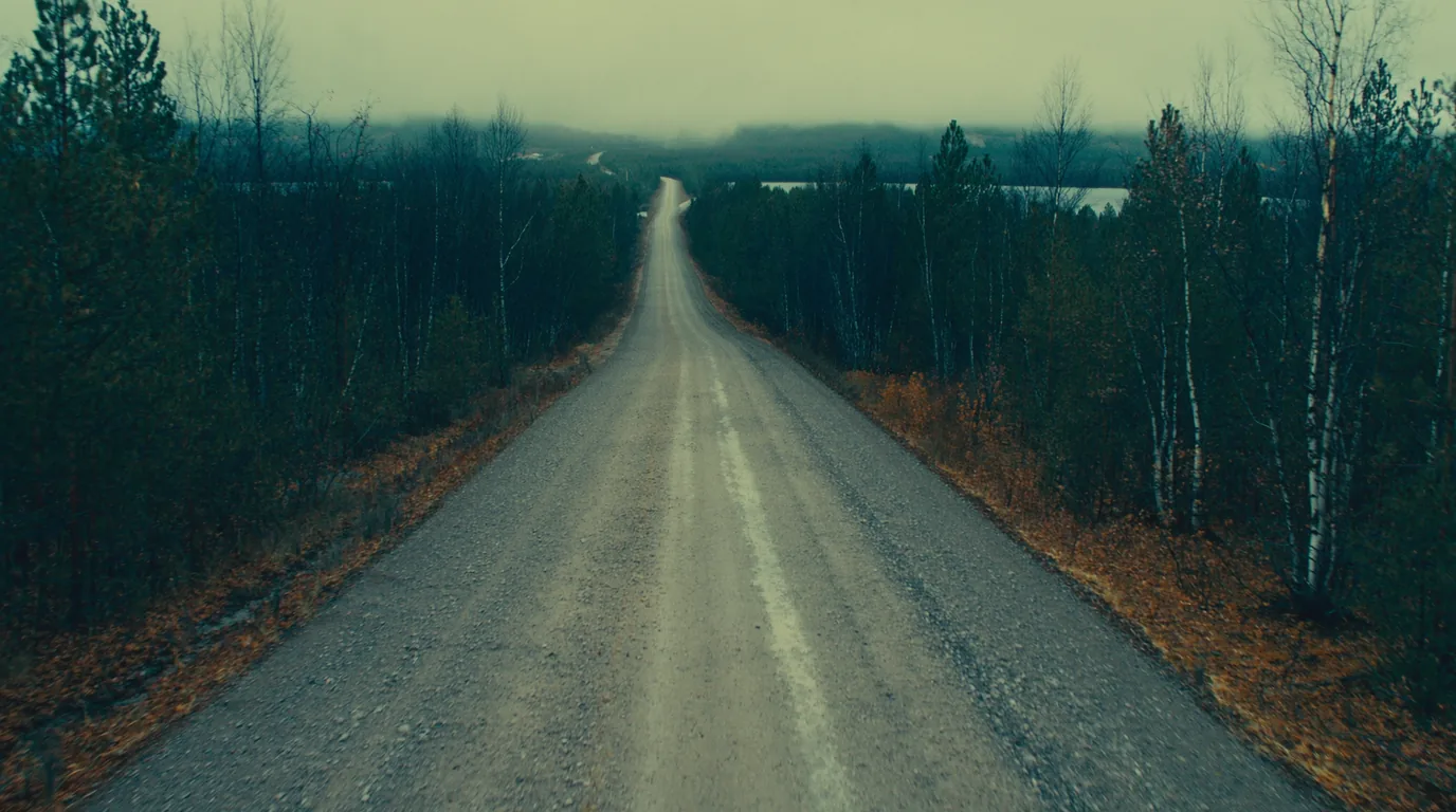 A two-lane road running north through dense boreal forest of spruce, jack pine and birch with no traffic and no buildings, low northern light, the Gunflint Trail Minnesota, ultrarealistic photograph representative of the region