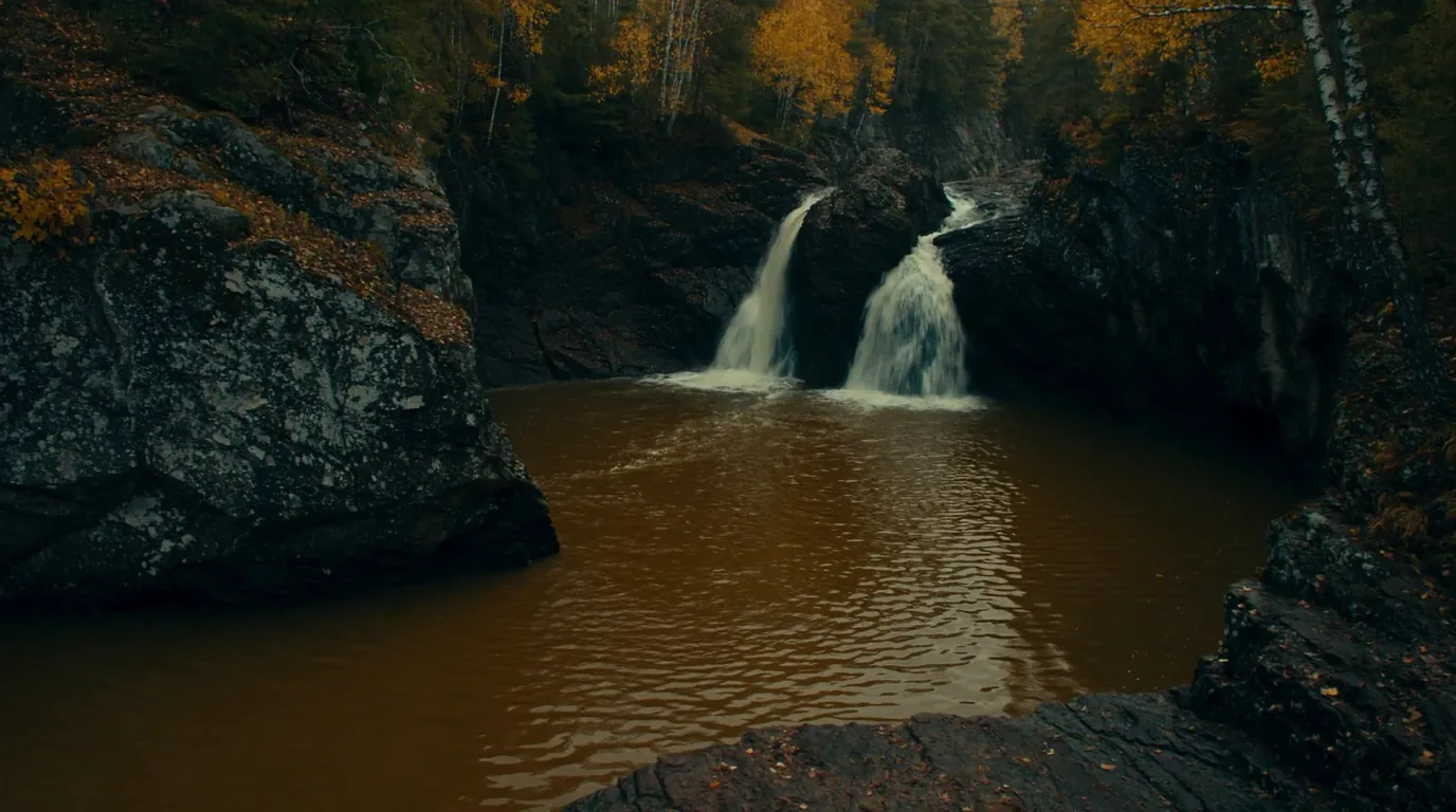 A waterfall dropping through a narrow dark basalt gorge on the Minnesota North Shore with wet black rock walls, tannin-brown water and birch and spruce above, ultrarealistic photograph representative of the region