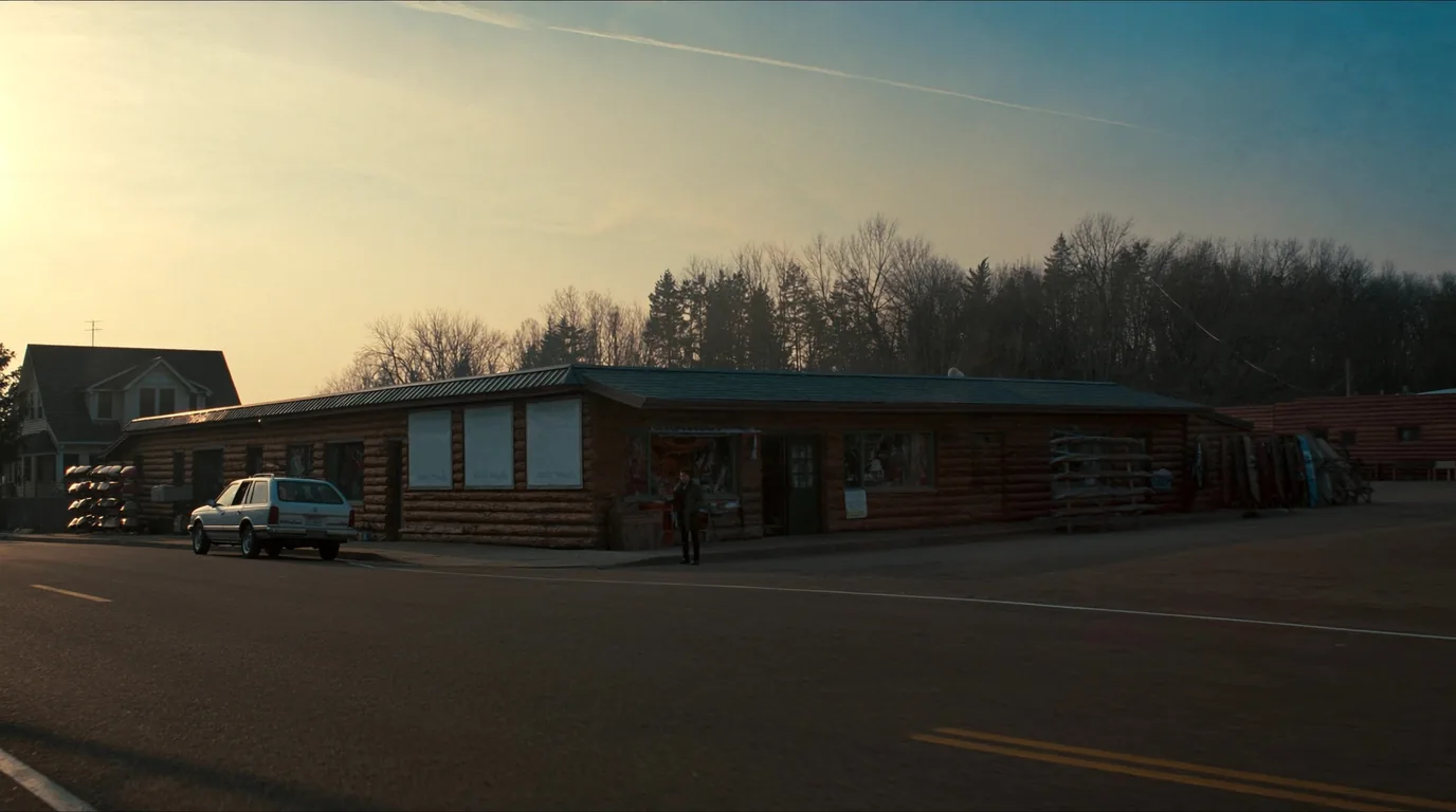 A small outfitting town at the edge of the wilderness with canoes stacked on racks outside a weathered clapboard building, pickup trucks and forest beyond, northern Minnesota, ultrarealistic photograph representative of the region
