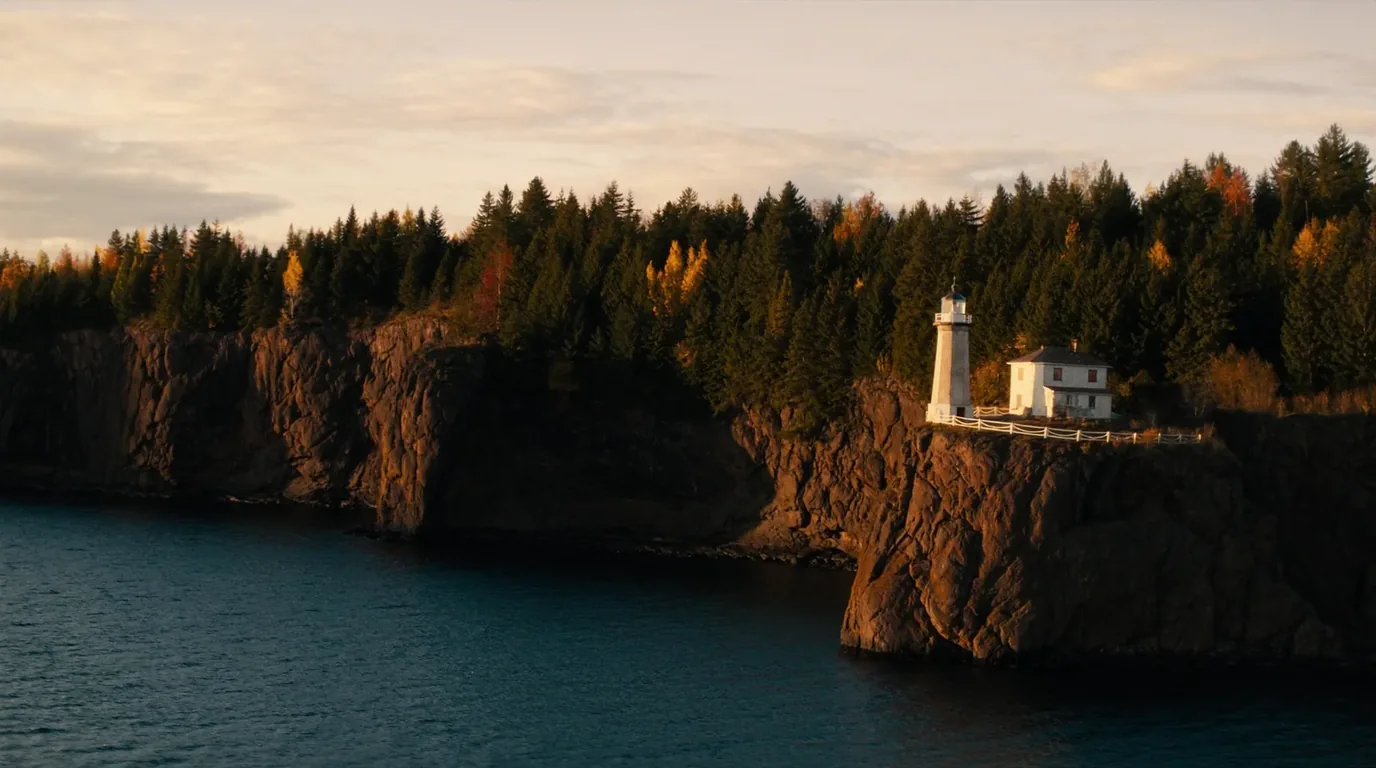 A lighthouse standing on a sheer cliff high above Lake Superior with cold blue water below and dark conifer forest along the shoreline, Minnesota North Shore, ultrarealistic photograph representative of the region