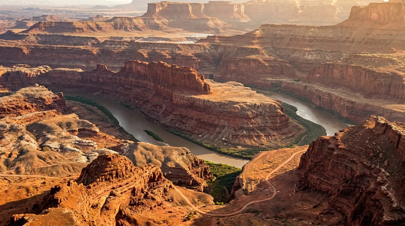 A high desert promontory rim looking two thousand feet down onto a tight gooseneck bend of a green river winding through banded red canyon walls, warm evening light, Dead Horse Point Utah, ultrarealistic photograph representative of the region