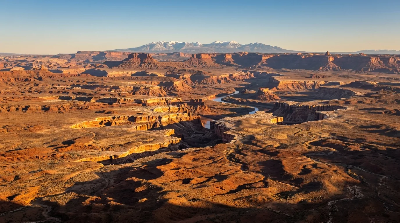 A vast red rock canyon country of layered sandstone rims, slickrock domes and deep shadowed canyons glowing under warm late light near Moab Utah, ultrarealistic photograph representative of the region
