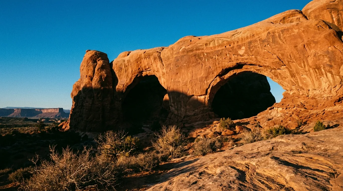Two large sandstone window arches side by side in a red rock fin with a sandy trail and small figures below for scale, warm low-angle light, Arches National Park Utah, ultrarealistic photograph representative of the region