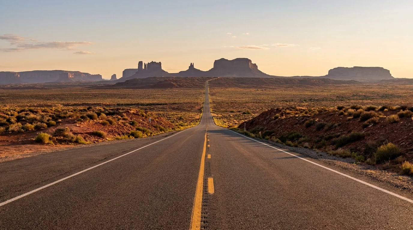 A dead-straight two-lane desert highway US-163 running toward distant Monument Valley buttes lined up on the horizon, yellow center line vanishing to a point, early morning light, wide open high-desert scrubland, the classic Forrest Gump Point view, ultrarealistic photograph representative of the region
