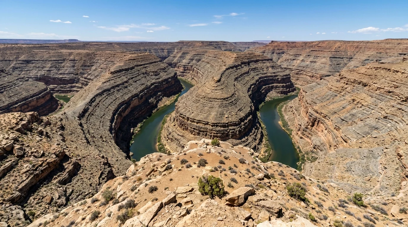 The tightly entrenched meanders of the San Juan River carved more than a thousand feet into layered gray and tan rock, seen from the mesa rim at Goosenecks State Park Utah, the river looping back on itself in deep canyon bends, ultrarealistic photograph representative of the region