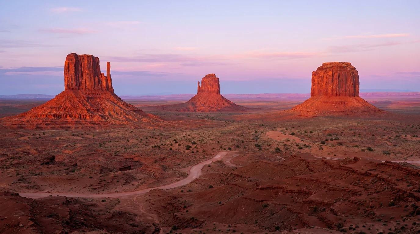 The East and West Mitten Buttes and Merrick Butte glowing deep red-orange at sunrise above an empty desert floor, isolated sandstone monoliths under a pastel dawn sky, Monument Valley on the Arizona-Utah border, ultrarealistic photograph representative of the region