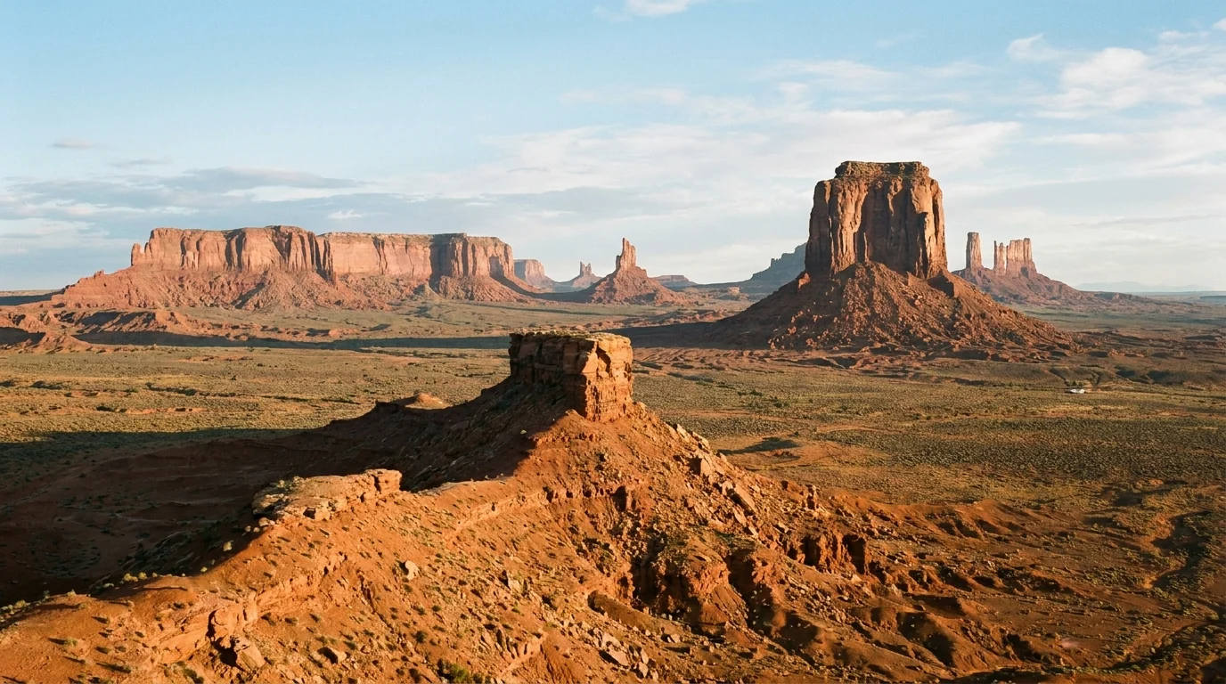 The broad rock promontory of John Ford's Point overlooking the wide floor of Monument Valley, red buttes and mesas stretching to the horizon, a low rock spur jutting out over the valley, late-afternoon golden light, ultrarealistic photograph representative of the region