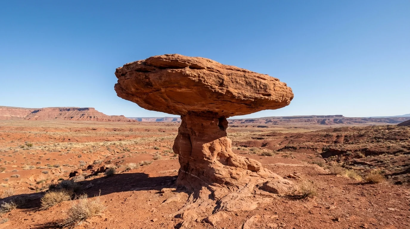 The sombrero-shaped balanced rock of Mexican Hat, a wide flat disc of sandstone perched improbably on a narrow eroded neck, red desert and low mesas behind, clear blue sky, near the town of Mexican Hat Utah, ultrarealistic photograph representative of the region
