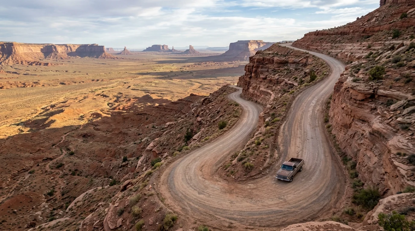 Steep unpaved switchback gravel road cut into the sheer face of Cedar Mesa with no guardrail, the Moki Dugway on UT-261 climbing hundreds of feet above the desert, red-rock cliff wall and a vast valley view below, ultrarealistic photograph representative of the region