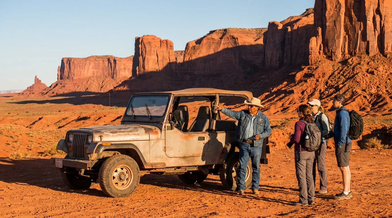 An open-top 4x4 tour vehicle parked on the red sand floor of Monument Valley among towering buttes, a Navajo guide standing and gesturing toward the landscape for a small group of visitors, warm low sunlight and long shadows, Monument Valley, ultrarealistic photograph representative of the region