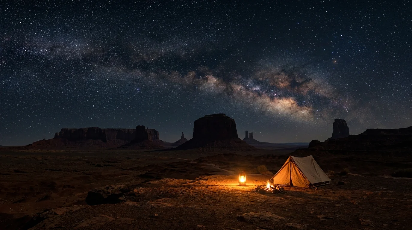 A brilliant star-filled night sky and faint Milky Way arching over the dark silhouettes of Monument Valley's buttes, a quiet rim campsite with a single warm lantern glow, no light pollution, deep desert darkness, ultrarealistic photograph representative of the region