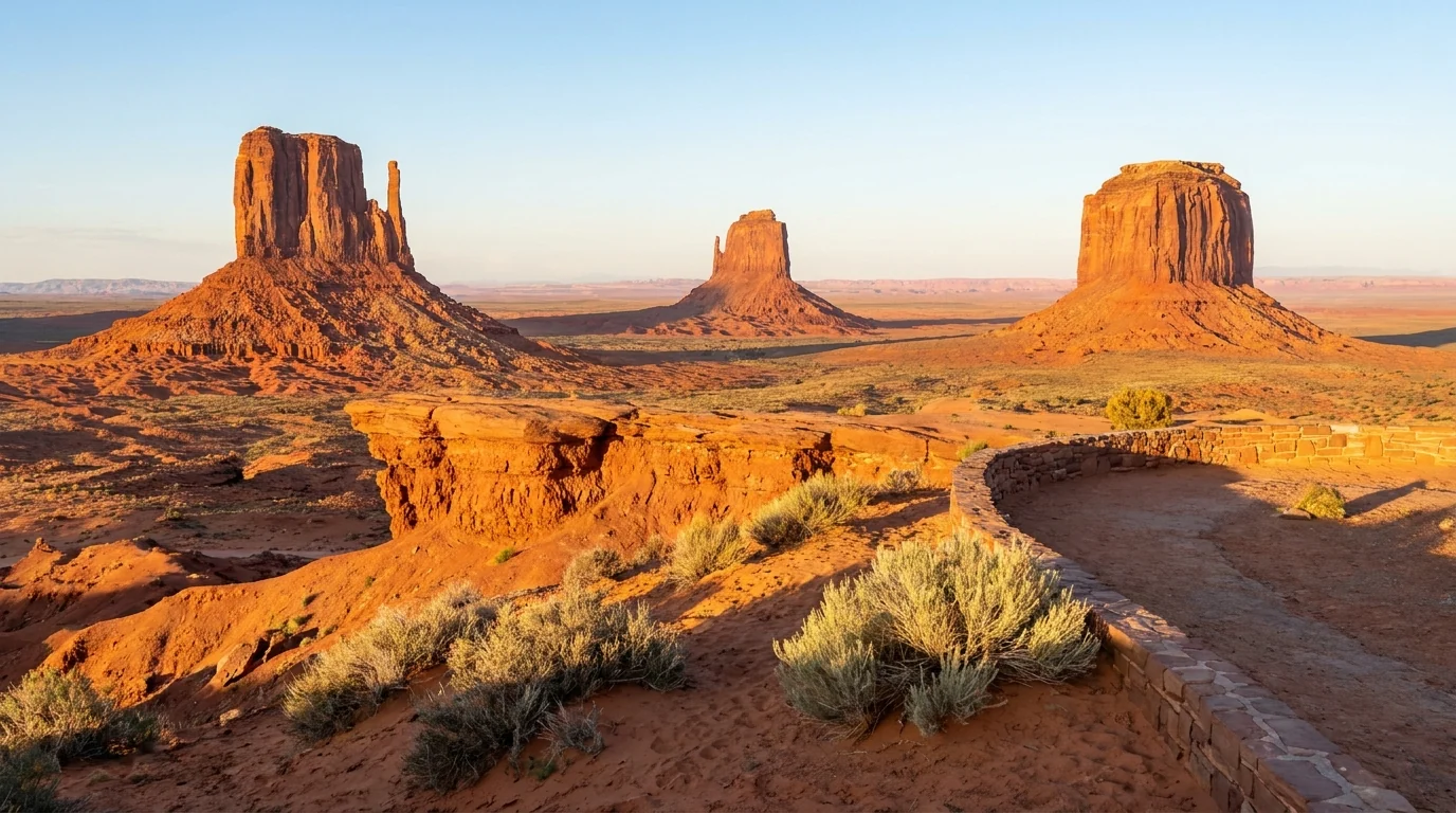 The two Mitten Buttes with their thumb spires and the pyramid of Merrick Butte seen from the rim viewpoint at the park entrance, warm afternoon light on red sandstone, sagebrush foreground, Monument Valley Navajo Tribal Park, ultrarealistic photograph representative of the region