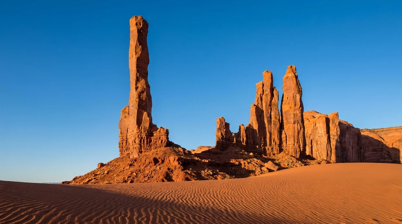 The slender Totem Pole rock spire and the Yei Bi Chei formation rising as thin sandstone needles from rippled red sand dunes in Monument Valley, side light emphasizing their thinness against a clear sky, ultrarealistic photograph representative of the region
