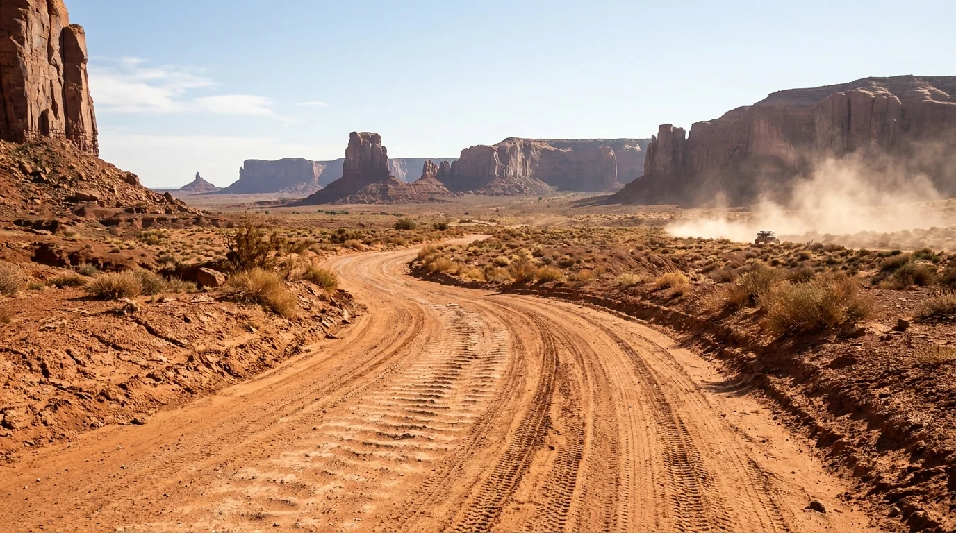 A rough washboarded red-dirt road curving down into Monument Valley between towering sandstone buttes and mesas, deep tire ruts and dust, a distant vehicle raising a plume of dust, the unpaved 17-mile scenic loop under a bright desert sky, ultrarealistic photograph representative of the region