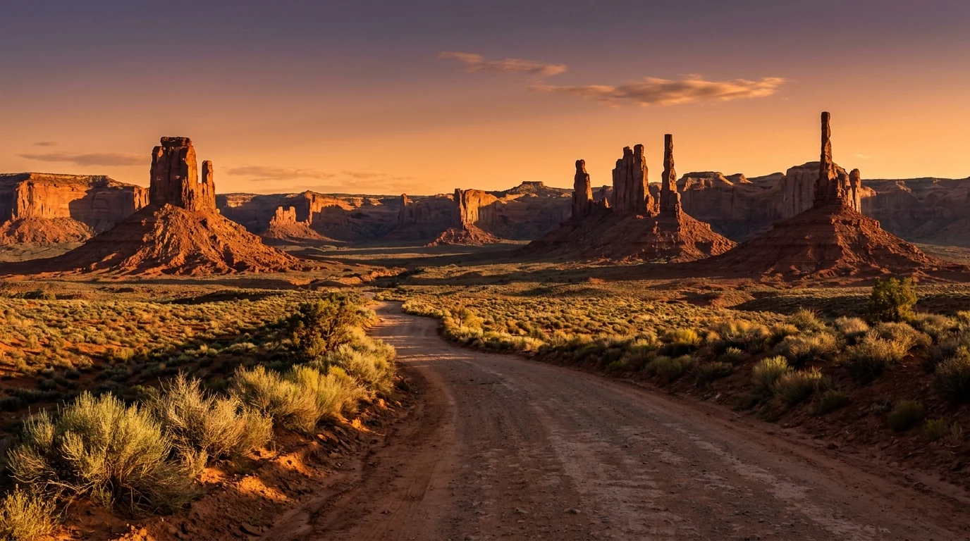 Isolated red-rock buttes and pinnacles scattered across an open desert basin with a quiet dirt road winding among them, Valley of the Gods Utah, late-day warm light, sagebrush foreground and dramatic sandstone towers, ultrarealistic photograph representative of the region
