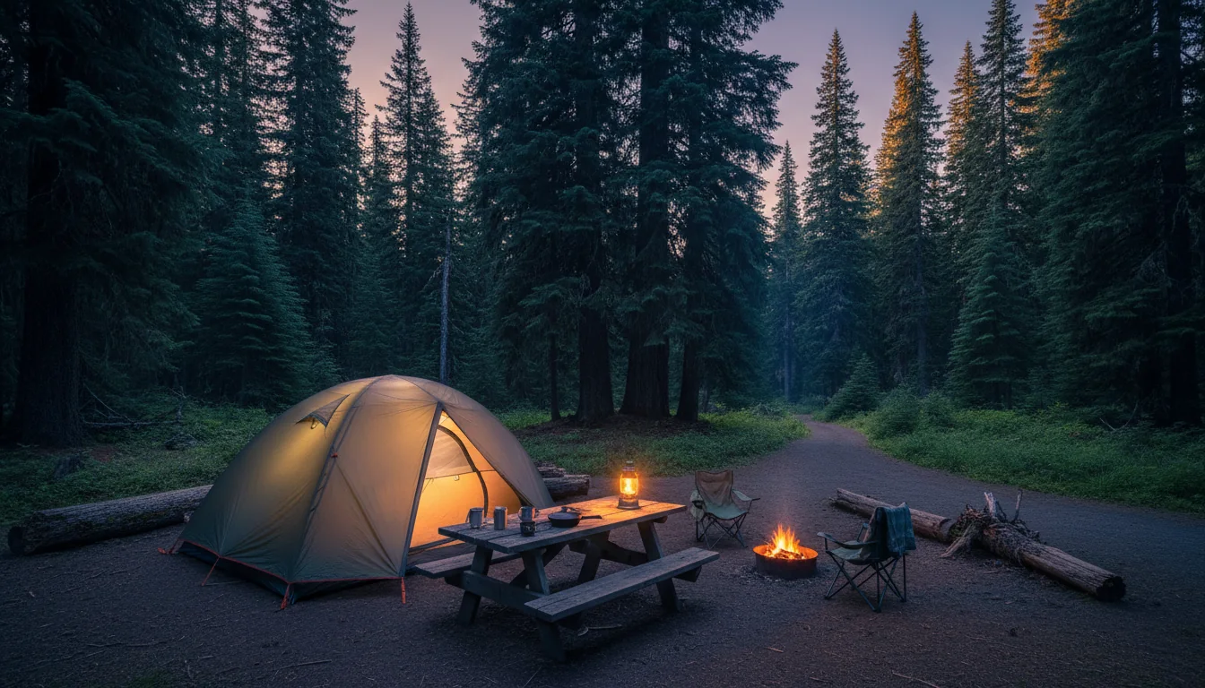 A camp set among tall Cascade conifers with a rig and awning in evening light, the volcano faint beyond the trees, illustrative render in the series style