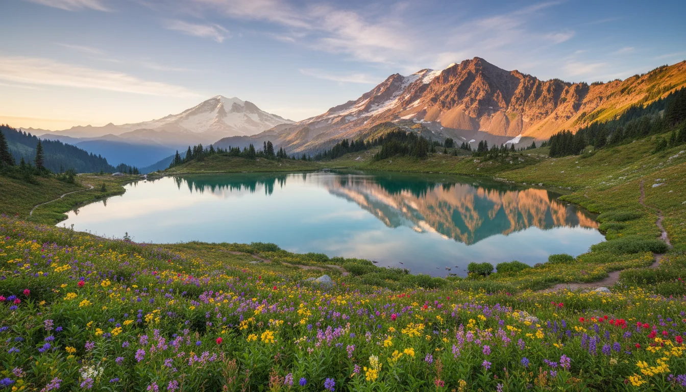 A high mountain pass road with subalpine larch and a huckleberry meadow turning color beneath a great peak, illustrative render in the series style