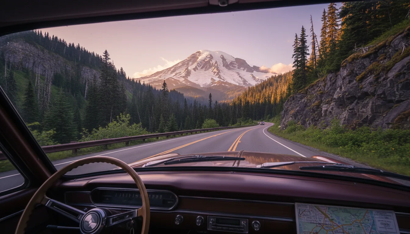 A narrow paved park road winding through subalpine forest beneath a towering glaciated volcano, illustrative render in the series style
