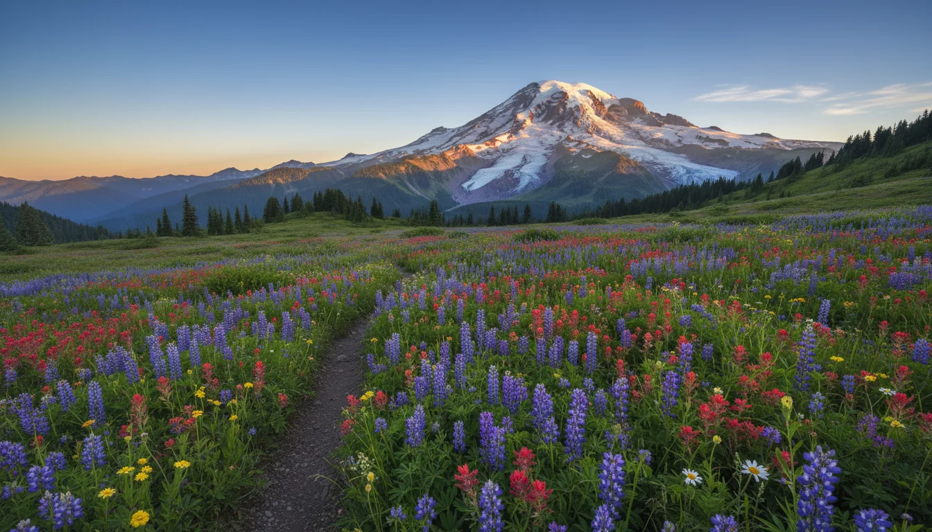 An overland rig on a park road below the glaciated bulk of Mount Rainier at golden hour, subalpine meadow in the foreground, illustrative render in the series style