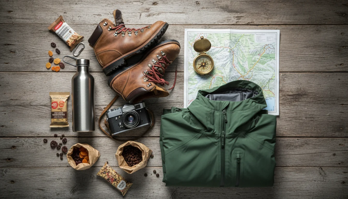 Overhead flat lay of park kit: a satellite communicator, tire chains, layers, a paper map, bear-aware food storage and a headlamp, illustrative render in the series style