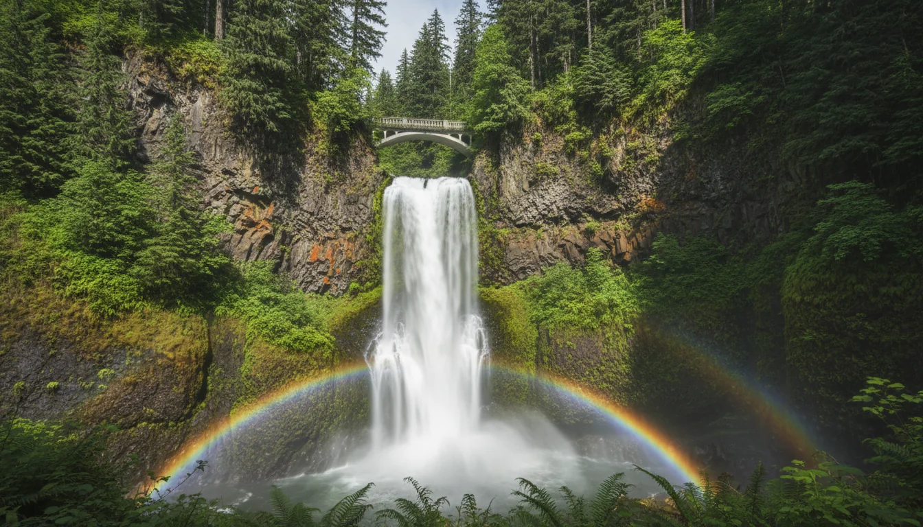 A tall two-tiered waterfall dropping down a mossy basalt wall into a forested pool, illustrative render in the series style