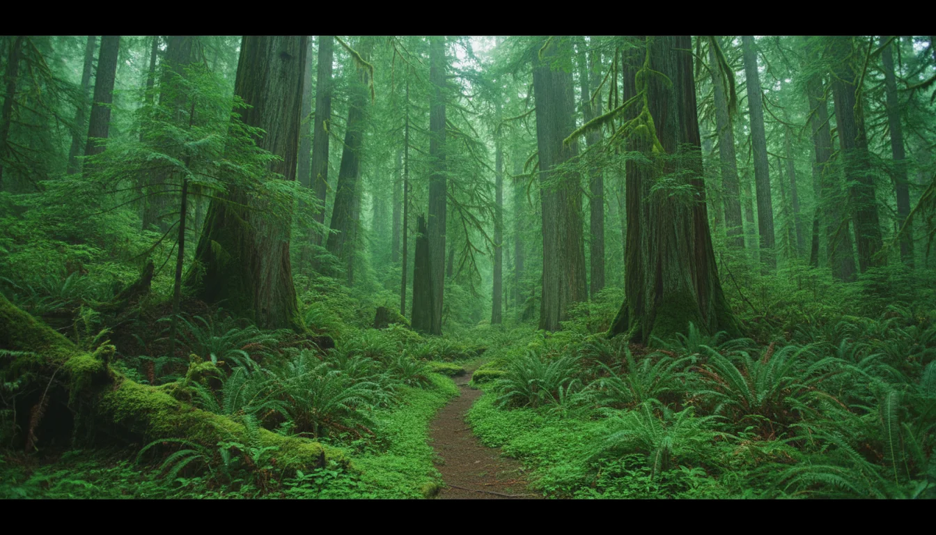A stand of enormous ancient conifers in deep green old-growth forest with a soft understory, illustrative render in the series style