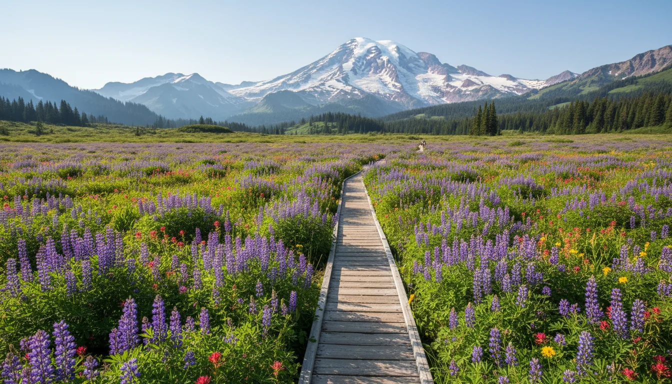A subalpine meadow thick with wildflowers rising toward the glaciated south face of a great volcano, illustrative render in the series style