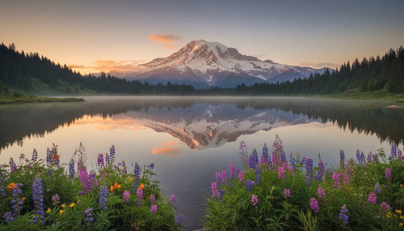 A perfectly still subalpine lake mirroring a great glaciated volcano at dawn, illustrative render in the series style