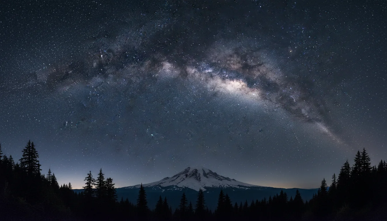 A star-filled night sky and Milky Way arcing over the silhouette of a great glaciated volcano, illustrative render in the series style