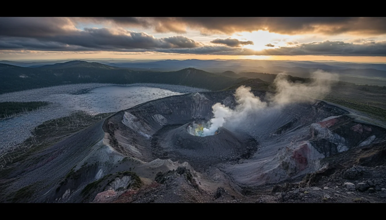 A truncated volcano with a gaping crater and a lava dome above a debris-strewn valley, illustrative render in the series style