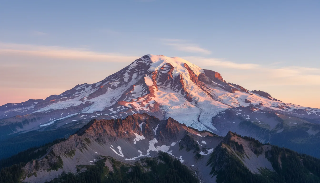 An open alpine tundra ridge at high elevation with a vast glaciated volcano filling the horizon, illustrative render in the series style