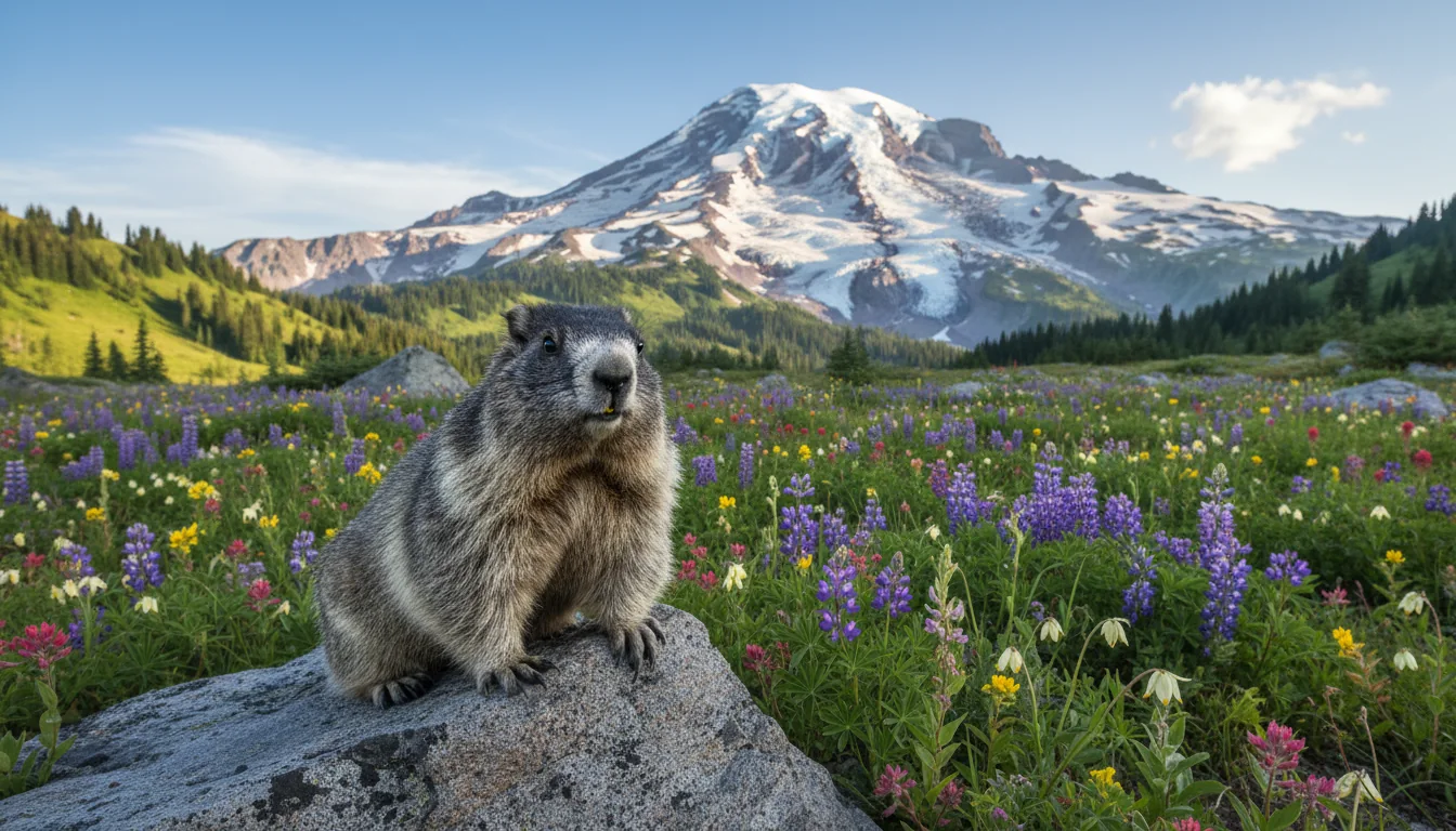 A black bear foraging in a subalpine huckleberry meadow with the volcano rising behind, illustrative render in the series style