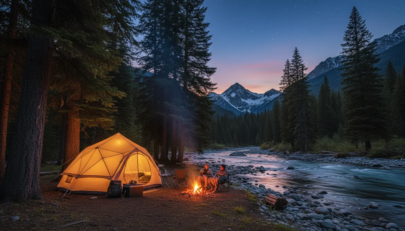 A camp among tall firs beside a glacial-green river with peaks beyond, evening light, a North Cascades campground, illustrative render in the series style